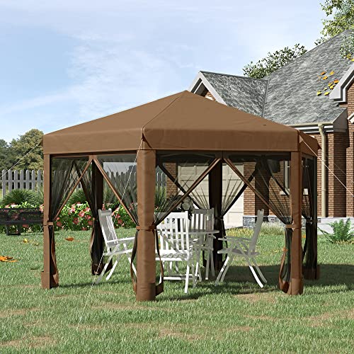 Outsunny 13' x 11' Hexagonal Pop Up Gazebo, Heavy Duty Outdoor Canopy Tent with 6 Mesh Sidewall Netting, 3-Level Adjustable Height and Strong Steel Frame, Brown - color: Brown
