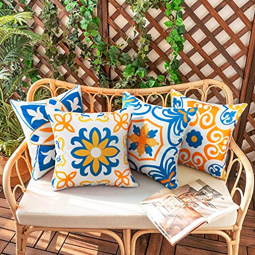 Outdoor Waterproof Throw Pillow Covers Set of 4 Floral Printed and Boho Farmhouse Outdoor Pillow Covers for Patio Funiture Garden 18x18 Inch Yellow - color: Yellow, size: 18" x 18" (Pack of 4)