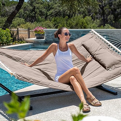 ANOW 2 Person Hammock with 12FT Stand, Heavy Duty Hammock with Stand for Outdoors, 450 LBS Weight Capacity, Light Brown - color: Light Brown, size: 2 Person With Stand