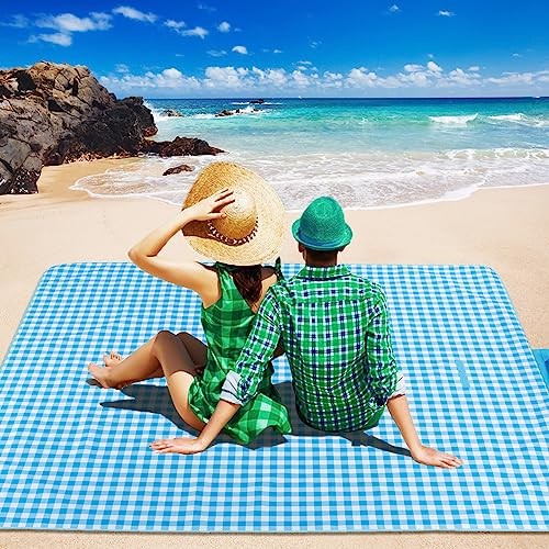 Beach Blanket Waterproof Sandproof Extra Large Beach Mat Sand Free Picnic Blanket Waterproof Foldable Large Outdoor Blanket With Carrying Strap For Grass, Sand, Camping, Hiking, Travel, Festival - color: Sky Blue, size: 5' x 6'8" (Rectangular)
