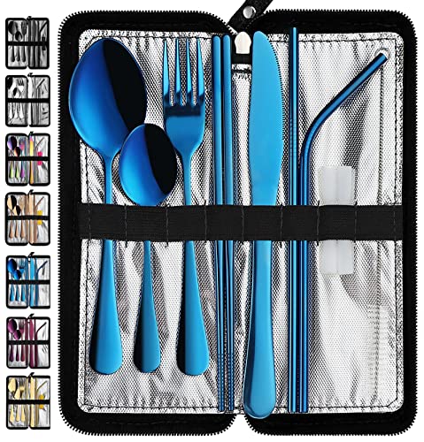 VANDBAO Portable Travel Utensils, Reusable Silverware with Case for Fixing Tableware, 9 Pieces Stainless Steel Stable Flatware Set, Camping Picnic Cutlery Set (Blue Set) - color: Blue Set, size: 9 Pieces - Medium