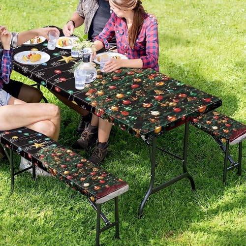 Christmas Tree Elastic Picnic Table Cover with Bench Covers Colored Lights Xmas Decoration Camping Table Cloth for Picnic Table 3 PCS Set Size S/L - color: Christmas Tree Colored Lights Decoration, size: Small