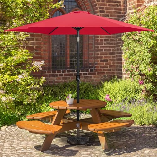 Yaheetech 10FT Patio Umbrella Outdoor with Heavy Duty Base Included,Table Umbrella with Push Button Tilt and Crank, UV Protection Waterproof for Yard/Outdoor/Wedding Parties and Events - Red - color: Red, size: 10FT