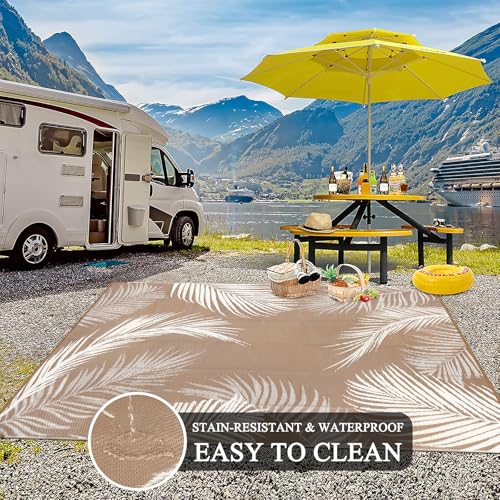 Pauwer Waterproof Outdoor Rug 8x10, Reversible Plastic Straw Patio Camping Rug, Indoor Outdoor RV Mat Carpet for Deck, Camper, Porch, Balcony, Backyard, Picnic, Leaf Brown - color: Leaf Brown, size: 8' x 10' (Rectangular)