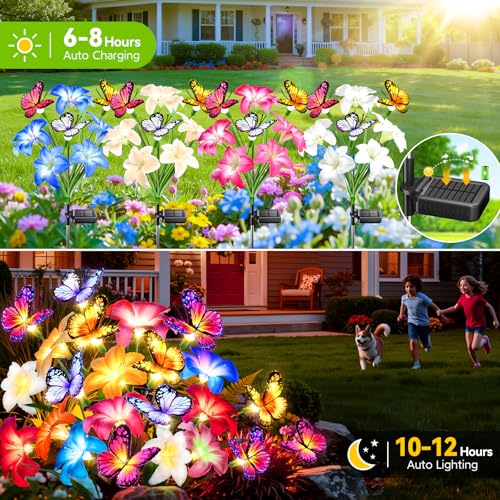 Ahaorigin Solar Garden Lights Outdoor, 4 Pack Blooming Lily Solar Flowers with Butterfly Outdoor Waterproof, 7 Color Changing Bigger Flower Lights for Yard Patio Decor, Gift for Mom - size: Lilies Flowers - 4pc-B
