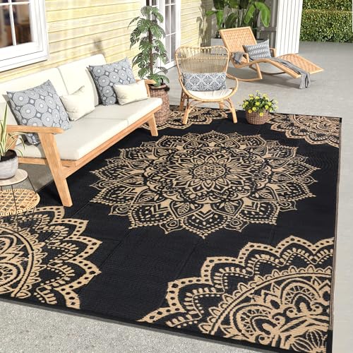 Yamaziot Outdoor Rug 6' x 9', Waterproof Reversible Plastic Straw Rug, Large Outdoor Rugs Mats RV, Picnic, Backyard, Balcony, Porch, Beach, Black Brown - color: Black Brown, size: 6' x9'