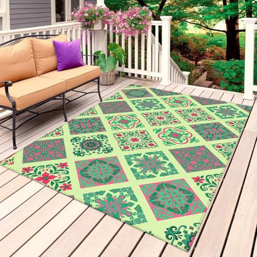 Bohemia Area Rug 6' x 9', Outdoor Rugs for Patio Rug Carpet for Sofa Living Room Bedroom, Large Floor Mat and Rugs for RV, Backyard, Deck, Picnic, Vintage Country Farmhouse Boho Style Light Green - color: Lemon Green, size: 6' x 9' (Rectangular)