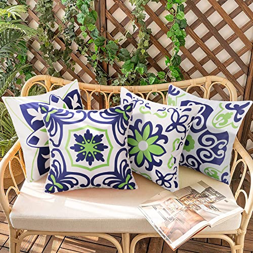 Pyonic Set of 4 Outdoor Pillow Covers 20x20 Waterproof Decorative Throw Pillow Covers Floral Printed Farmhouse Boho Pillowcase for Patio Funiture Garden Navy Blue - color: Navy Blue, size: 20" x 20" (Pack of 4)