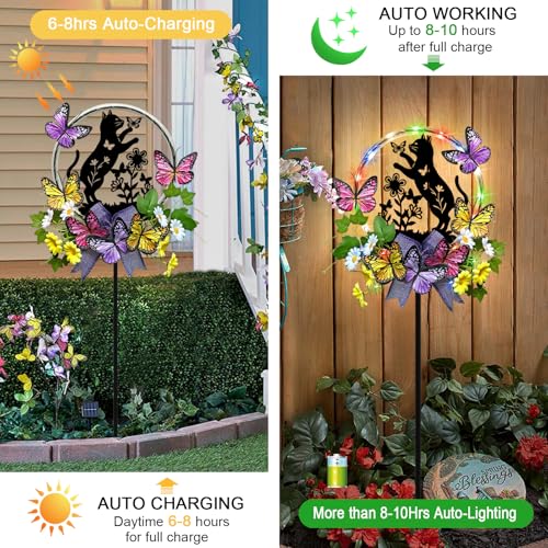 Cat Solar Lights Outdoor Garden,Silhouette Cat with Butterflies Waterproof Garden Stake for Yard, Lawn,Best Gifts for Women - color: Black Cat