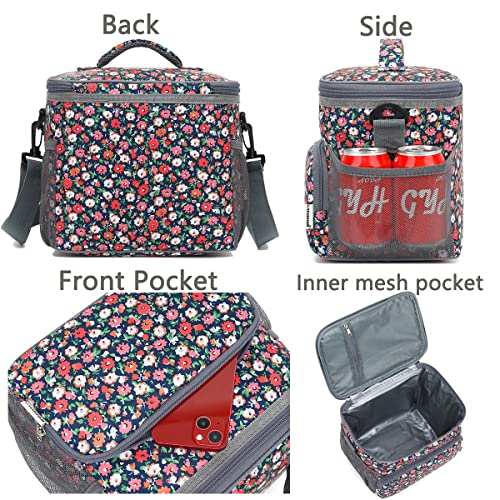 GYEUKHAM Insulated Reusable Lunch Bag Adult Large Lunch Box for Women and Men with Adjustable Shoulder Strap,Front Zipper Pocket and Dual Large Mesh Side Pockets,Floral - color: Floral