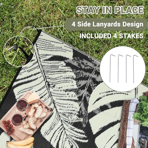 GarveeLife Outdoor Rugs 9x12 UV Resistant Waterproof Patio Rug, Outdoor Plastic Straw Rug Reversible RV Camping Mat with Portable Bag & 4 Stakes, Modern Carpet for Balcony Deck Yard, Beige - color: Leaf|black&beige, size: 9' x 12' (Rectangular)