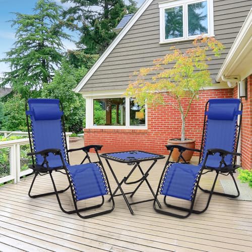 Athena Collection Zero Gravity Outdoor Lounge Chair Set of 2 with Side Table, 25" Width Pool Lounge Lawn Chairs Reclining with Cup Holder, Outdoor Chaise for Beach Patio Backyard Outside, Blue - color: Blue, style: 25" Width
