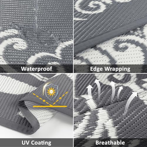 Pauwer Waterproof Outdoor Rug 6x9, Reversible Plastic Straw Patio Camping Rug, Indoor Outdoor RV Mat Carpet for Deck, Camper, Porch, Balcony, Backyard, Picnic, Paisley Grey - color: Paisley Grey, size: 6' x 9' (Rectangular)