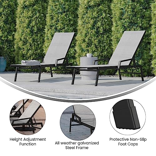 Flash Furniture Brazos Set of 2 Adjustable Chaise Lounge Chairs with Arms, All-Weather Outdoor Five-Position Recliners, Black/Gray - color: Gray/Black, size: Set of 2