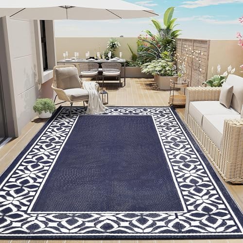 PureCozy Outdoor Plastic Straw Rug Navy Blue Large Outside Waterproof Outdoor Patio 6x9 Carpet Geometric Reversible Mat Modern for Camping RV Porch Deck Balcony Beach - color: Geo | Navy Blue, size: 6' x 9' (Rectangular)