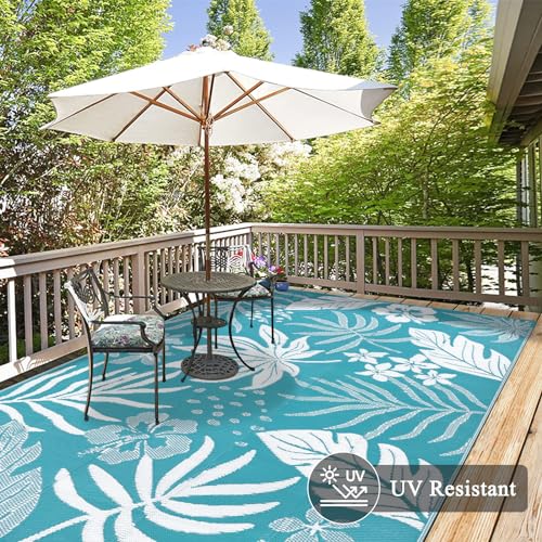 Pauwer Waterproof Outdoor Rug 6x9, Reversible Plastic Straw Patio Camping Rug, Indoor Outdoor RV Mat Carpet for Deck, Camper, Porch, Balcony, Backyard, Picnic, Floral Teal - color: Floral Teal, size: 6' x 9' (Rectangular)