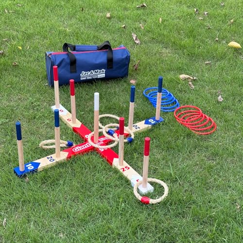 Ring Toss Game, Throwing Games, Wooden Rings Throwing Game with Carry Bag (10 Ropes and 10 Plastic Rings, Large)