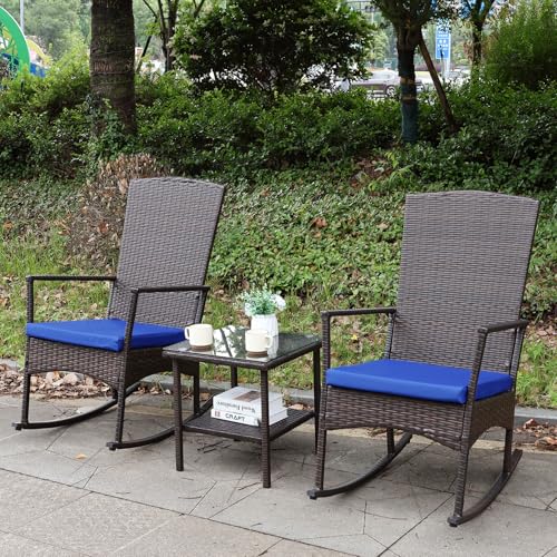 Oasishine Rocking Chair Outdoor 3 Pieces High-Backed Patio Rocking Chairs Bistro Table and Chairs Set of 2, Royal Blue - color: Royal Blue