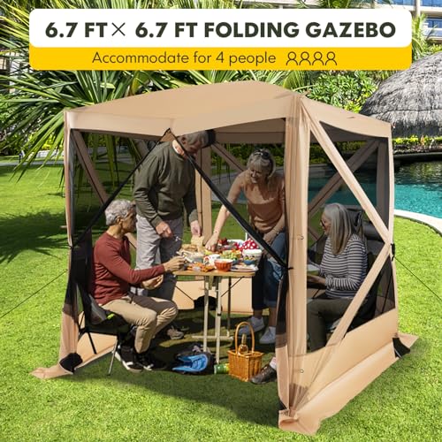 Tangkula 6.7x6.7 Ft Pop Up Gazebo with Netting, Portable Screen Tent with 4 Sided Mesh Walls, 2 Sunshade Cloths, UV 50+ Instant Canopy Shelter with Carry Bag for Camping, Lawn, Backyard - color: Coffee, size: 6.7x6.7 Ft