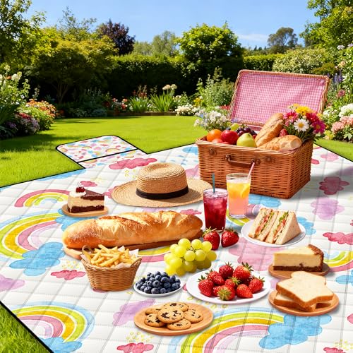 Extra Large Picnic Blanket Waterproof,80"x 80"Foldable Machine Washable Beach Blanket,Outdoor Blanket for 6-8 Adults,Picnic Mat Suitable for Indoor Crawling,Park Beach,Camping,Hiking,Travel (Rainbow) - color: Pink Rainbow, size: 6'8" x 6'8" (Square)