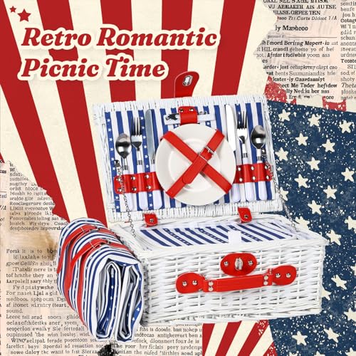 Wicker Picnic Basket for 2 with Waterproof Picnic Blanket and Insulated Bag, Patriotic Red White and Blue Star Pattern for Soccer Game, Camping, Travel, Birthday Gift, Wedding Gift - color: Classic Red White and Blue - 1