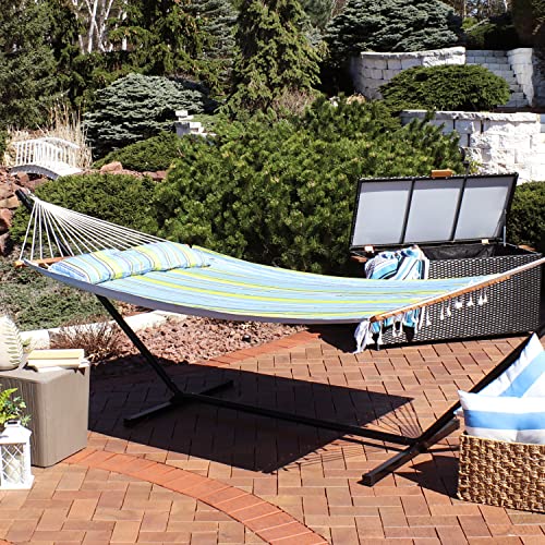 Sunnydaze Quilted Double Hammock for Outside with Spreader Bars and Pillow - 450 lb Capacity, 74x55 Inch Bed, UV Resistant, Quick Dry - Chains Included, Stand Sold Separately - Blue & Green - color: Blue and Green