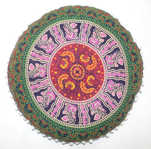 CRAFT KALA 22" Bohemian Floor Pillow Pouf Cover Mandala Boho Large Round Meditation Room Pillow Covers for Adults Seating Poufs Cushion Cover for Kids Playroom Multi 6 Color