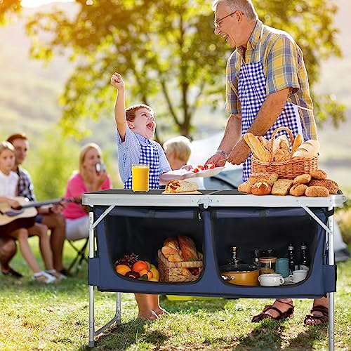 VINGLI 4 Ft Folding Table, Aluminum Camping Table, Picnic Table with Storage, Adjustable Height for Outdoor Beach BBQ Backyards Travel Party (Black ＆ Blue) - color: Black ＆ Blue