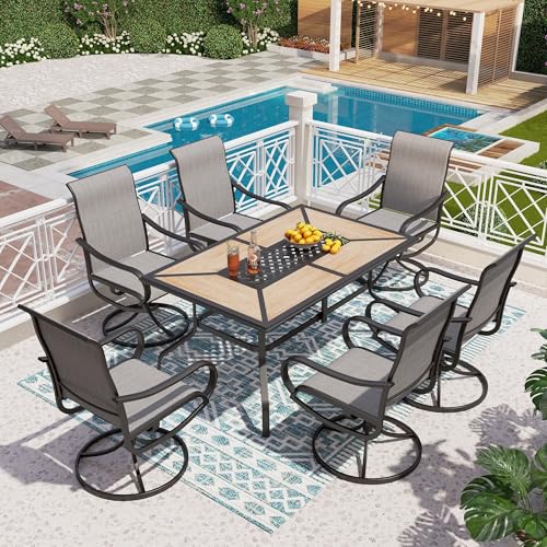 PHI VILLA 7 Piece Patio Dining Set, 6 Swivel Patio Chairs with Textilene Mesh Fabric & Rectangular Wooden-Like Dining Table(1.6" Umbrella Hole), All Weather Patio Chairs and Table Set for Deck (Grey) - color: Grey Fabric, size: 61"L x 38"W x 28"H-7 Piece-