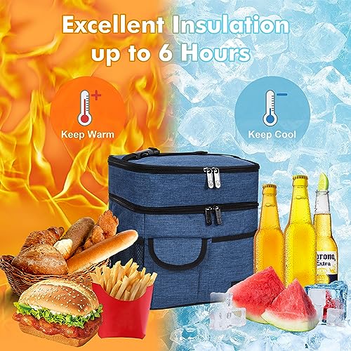 Tirrinia Large Insulated Lunch Box for Women Men, Double-Layer Leak-Proof Reusable Lunch Bag with 4 Pockets for Adult, Lunch Bag Cooler Tote for Office Work and Travel,Dark Blue - color: Dark Blue, size: Large Double Layer-17L