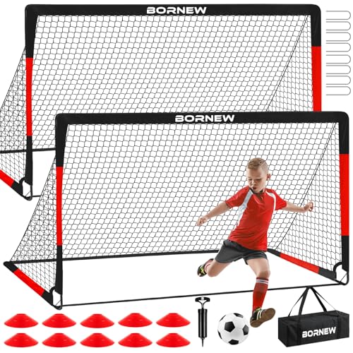 Kids Soccer Goal for Backyard Set - 2 Set of 7X5 / 6X4 ft Toddler Soccer Nets Training Equipment, Soccer Ball, Pop Up Portable Soccer Set for Kids and Youth Games and Training Goals Ages 3-16 Gift - color: 2.Black Red