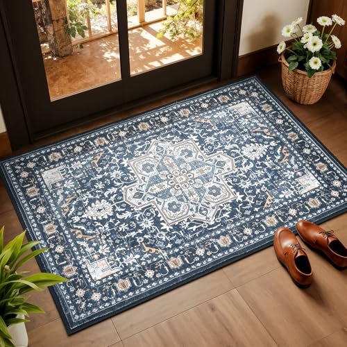 Rugflix 2x3 Small Area Rugs for Entryway, Washable Entrance Door Mat Non-Slip, Soft Low Pile Stain Resistant Vintage Boho Indoor Throw Rug for Hallway, Kitchen, Bedroom, Navy Blue - color: Navy Blue, size: 2' x 3' (Rectangular)