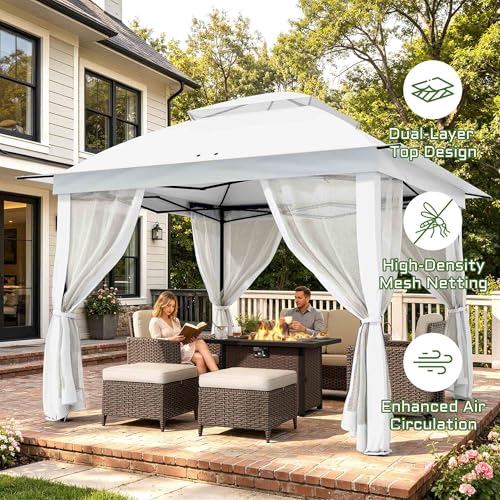 11'X11' Gazebo Pop Up with 4 Sidewalls Mosquito Netting, Heavy Duty Patio Gazebo Canopy Tent with Double Air Roofs for Backyards, Patios, Decks, Gardens, Parks - color: White Top