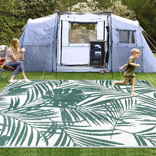 famibay All Weather Outdoor Rugs 9x12 for Patios Clearance, Tropical Plastic Outdoor RV Mat UV-Resistant Waterproof Camping Rug Outside(Green) - color: Green & White, size: 9' x 12'