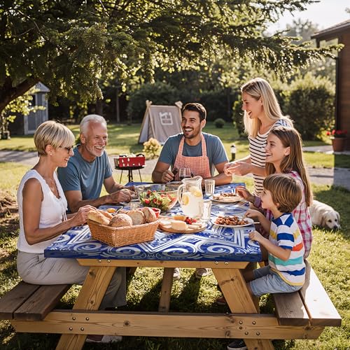Fitted Waterproof Picnic Table Cover with Bench Covers Elastic Stain Resistant Camping Table clothes for 6Feet Rectangle Tables Outside Parties Necessities Gift Travel Trailers Trips Rv Things - color: Blue Mandala Flower, size: 72" x 30" (Rectangular)