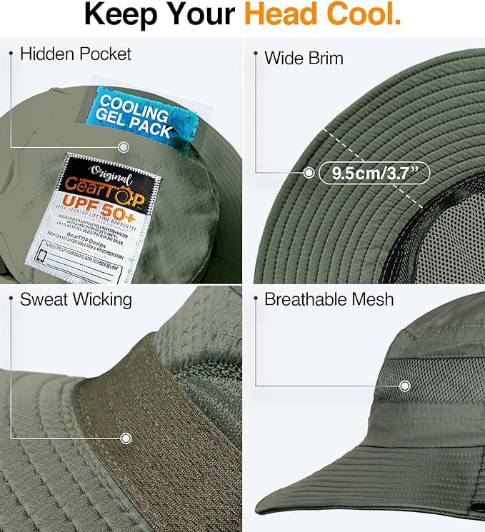 GearTOP Safari Hat for Men Sun Hats for Women UV Protection UPF 50+ Fishing, Gardening, Hiking Hat (22-23 1/2") - color: Army Green Standard 2 Pack