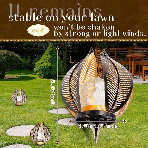 HPC Decor Solar Light Outdoor Garden, Crackle Globe Glass,Metal Palm Leaf Solar Light for Outside, Pathway Lights Waterproof LED Outdoor for Patio,Yard,Porch Decor,Gardening Gifts for Women/Mom. - color: Black