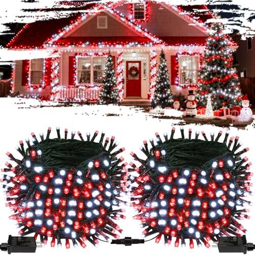 OZS Connectable Red and White Christmas String Lights, 2Pack Total 164FT 400LED Christmas Lights for Outdoor/Indoor, Plug in Tree Lights with 8 Modes, String Lights for Christmas Decorations Holiday - color: Red & White