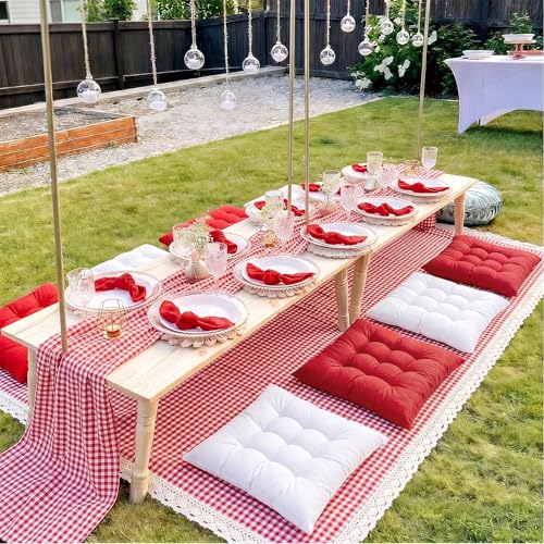 Extra Large Outdoor Picnic Blanket with Table Runner and Floor Pillow Cushion for Picnic Wedding Birthday Baby Shower Backyard Decor(59 x 102'',Burgundy,White,8 Pcs) - color: Burgundy,white