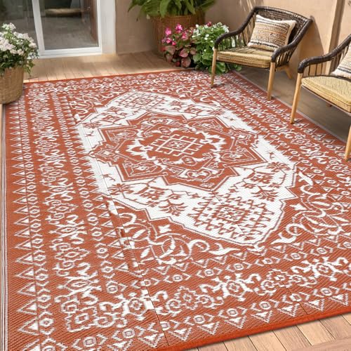 10x14 Outdoor Rug Waterproof for Patio Decor, Foldable Reversible Plastic Straw Mat for Camper, Vintage Outside Carpet for Deck, Porch, Picnic, Beach, Balcony, Boho|Terracotta - color: Medallion|terracotta, size: 10' x 14' (Rectangular)