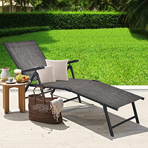 Tangkula Folding Lounge Chair Outdoor, Recliner Chaise Lounge with 5-Position Adjustable Backrest & 2-Position Footrest, No Assembly Required, Suitable for Patio Poolside Beach Yard (1, Grey) - color: Grey