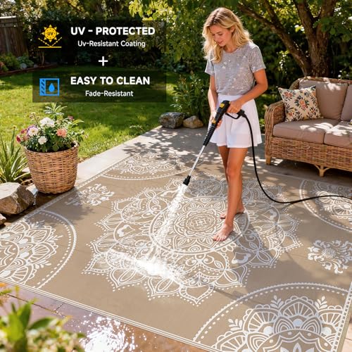 Pauwer Waterproof Outdoor Rug 8x10, Reversible Plastic Straw Patio Camping Rug, Indoor Outdoor RV Mat Carpet for Deck, Camper, Porch, Balcony, Backyard, Picnic, Floral Brown - color: Floral Brown, size: 8' x 10' (Rectangular)