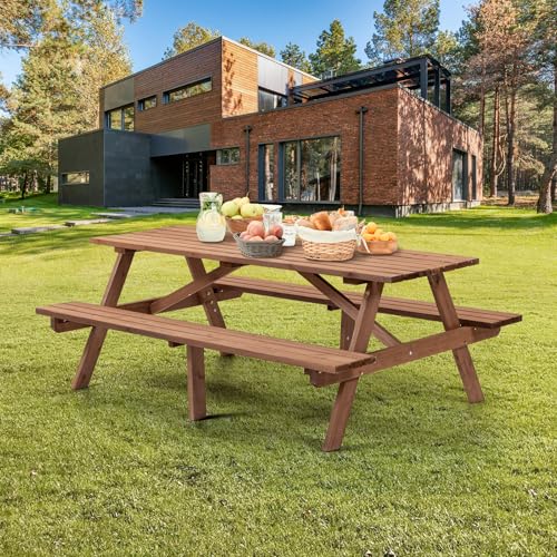 Outdoor Wooden Picnic Table with Benches and Umbrella Hole, Rustic Style Lifetime Picnic Table Bench Set for 6 or 8 Person for Backyard, Porch, Patio, and Deck, Brown - size: Rectangle-6person