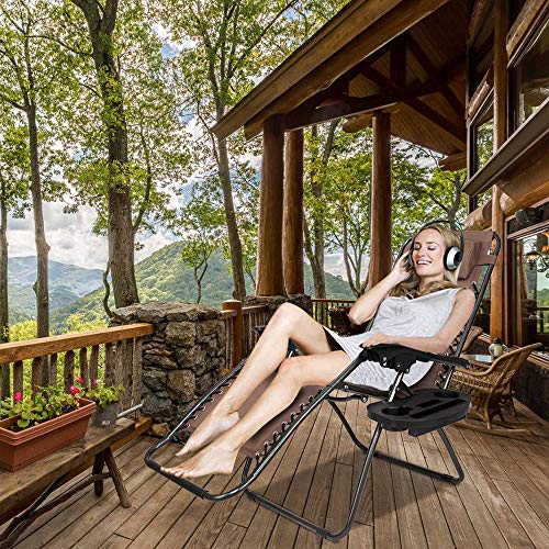 VINGLI Upgraded Zero Gravity Chair Set of 2 Lounge Outdoor Chairs with Trays and Pillows, Folding Patio Recliner Chairs for Backyard Poolside Garden - color: Brown