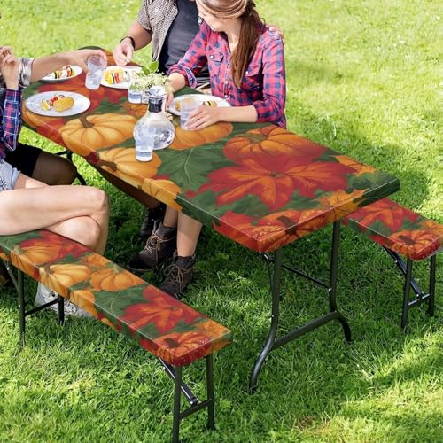 Thanksgiving Elastic Fitted Table Cloth for Camping Party Supplies 3 PCS Set Classic Pumpkin Maple Leaf Outdoor Picnic Table Cover with Bench Covers - color: Classic Pumpkin Maple Leaf, size: Small