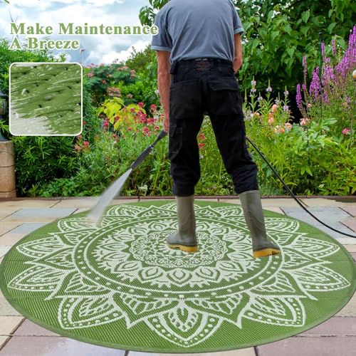 famibay Round Outdoor Rugs for Patios 6 Ft Round Outdoor Rug Waterproof Round Patio Rug Outdoor Plastic Straw Rug Lightweight Portable Boho Outdoor Carpet Mats for Patio Camping Porch(Yellowish Green) - color: Yellowish Green, size: Round 6ft