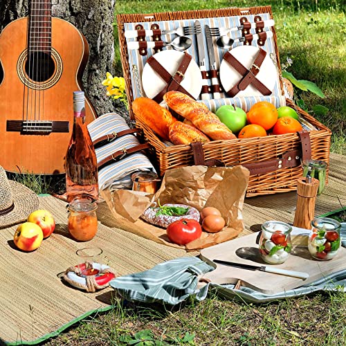 Picnic Basket for 4 Persons with Waterproof Picnic Blanket and Insulated Cooler, Large Wicker Picnic Basket for Camping, Outdoors, Valentine's Day, Christmas, Birthday, Wedding Gift - color: Green Stripes