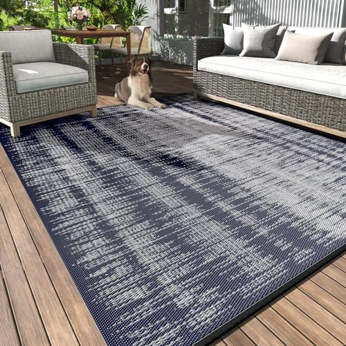MontVoo Outdoor Rug Waterproof 8x10ft Outdoor Patio Rug Mat Reversible Plastic Straw Outside Rug Carpet Outdoor Rugs for RV Camping Picnic Beach Balcony Porch Deck - color: Navy Blue, size: 8' X 10' (Rectangular)