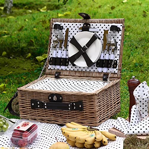 Picnic Basket for 4 Persons with Waterproof Picnic Blanket and Insulated Cooler, Large Wicker Picnic Basket for Camping, Outdoors, Valentine's Day, Christmas, Birthday, Wedding Gift - color: Brown＆white Spots