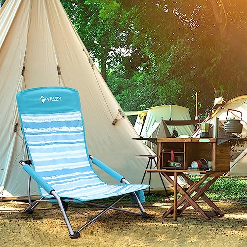 VILLEY Low Beach Chair, High Back Folding Chair for Adults, Lightweight and Portable for Outdoor, Camping, Lawn, Music Festival, with Cup Holder and Carry Bag - Blue Stripes - color: Blue Stripes